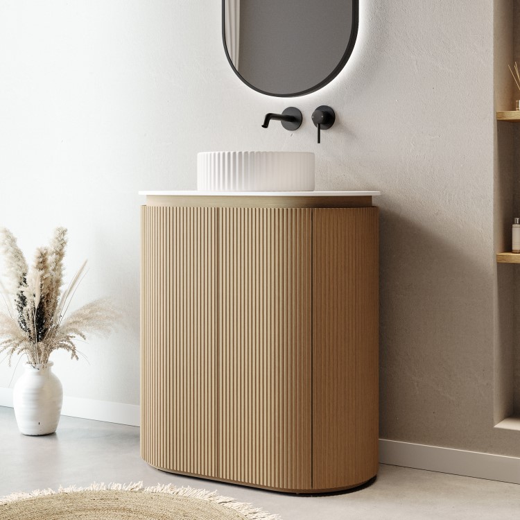 800mm Wooden Curved Fluted Freestanding Countertop Vanity Unit with Basin - Matira