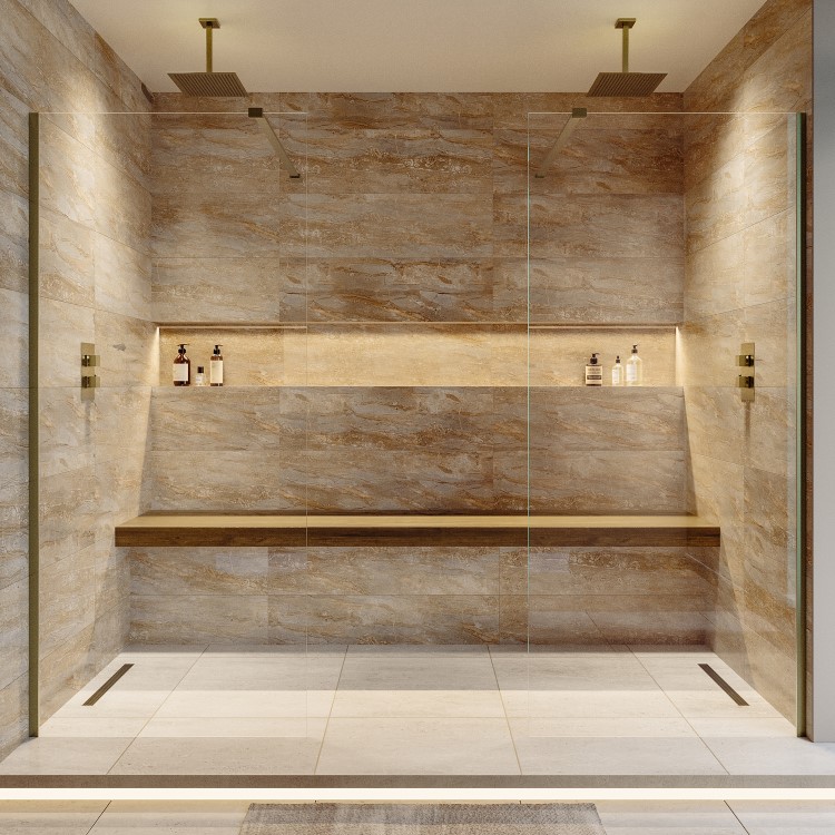 Brushed Brass Double Shower Screen for Wet Room & Walk In Shower 2500mm - Corvus