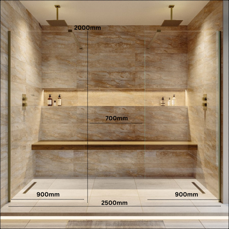 Brushed Brass Double Shower Screen for Wet Room & Walk In Shower 2500mm - Corvus