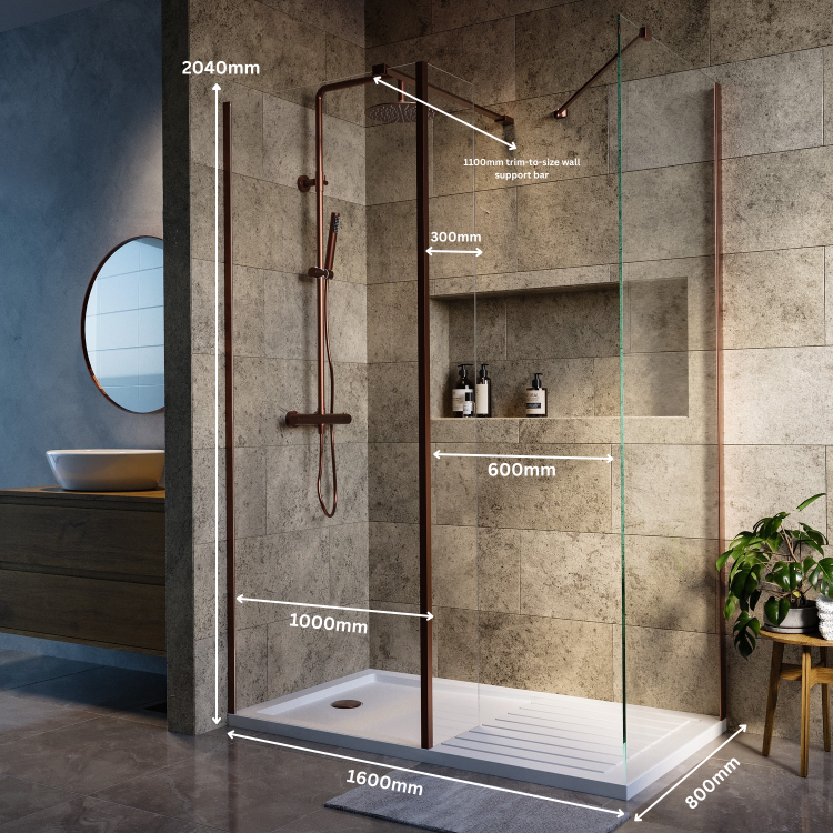1600x800mm Bronze Wet Room Shower Screen Enclosure with Fixed Panel - Corvus