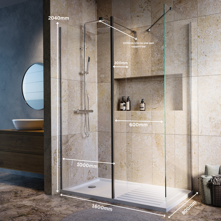 1600x800mm Brushed Nickel Walk-In Shower Enclosure with Fixed Panel – Corvus