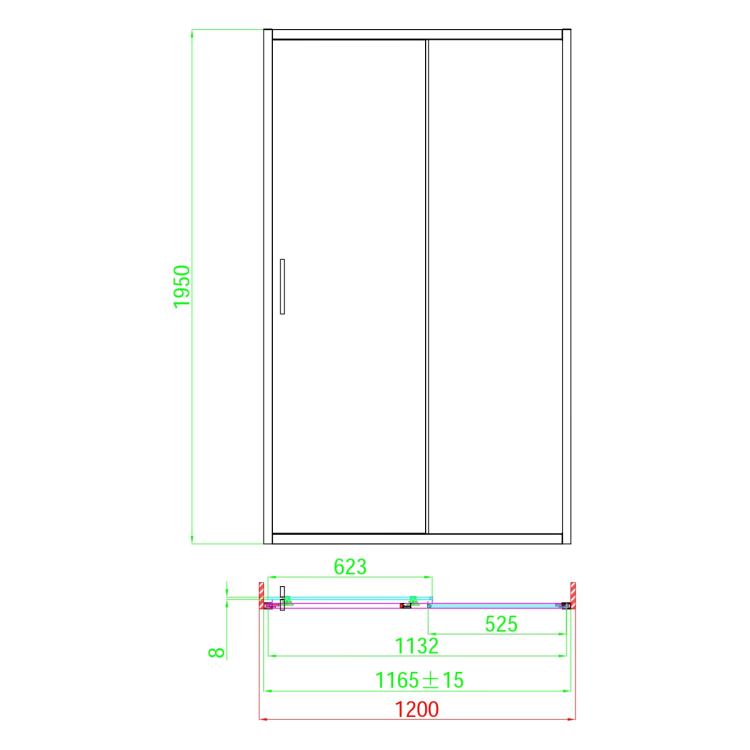 1200mm Black Sliding Shower Door + Wall Support Bar 8mm Glass - Denver