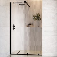 1400mm Black Sliding Door Shower Enclosure + Wall Support Bar 8mm Glass - Denver