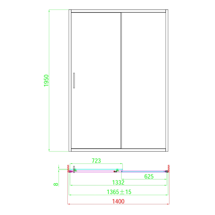 1400mm Brushed Brass Sliding Shower Door + Wall Support Bar 8mm Glass - Denver