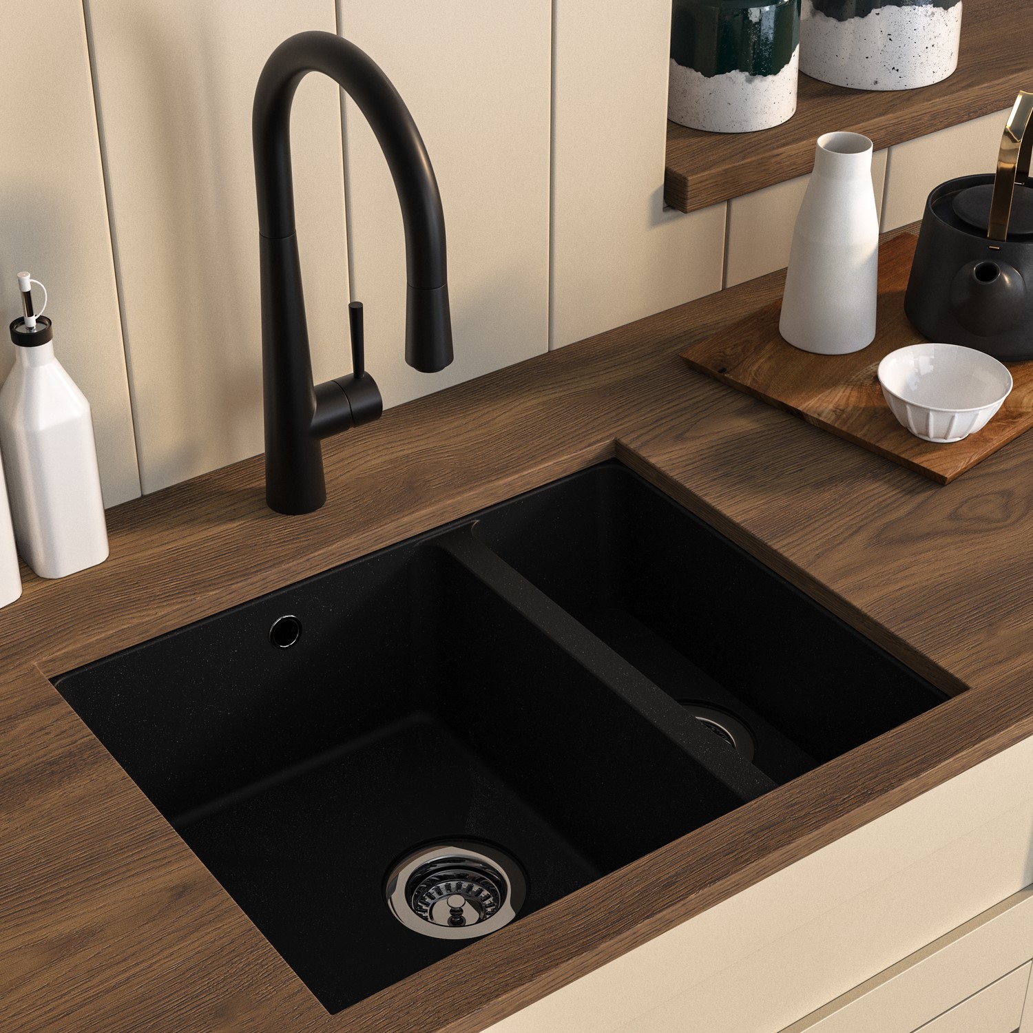 1.5 Bowl Undermount Composite Kitchen Sink Pull Out Kitchen Mixer Tap Set