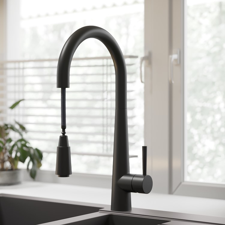 Matt Black Single Lever Pull Out Monobloc Kitchen Mixer Tap - Enza Olney
