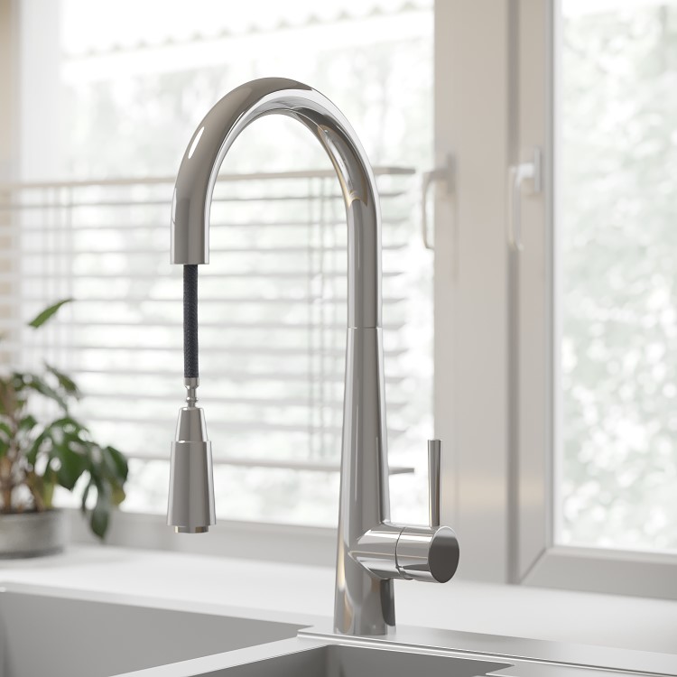 Chrome Single Lever Pull Out Monobloc Kitchen Mixer Tap - Enza Olney