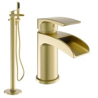 Brushed Brass Waterfall Basin Mixer Tap & Freestanding Tap Pack - Elina Brushed Brass Waterfall Basin Mixer Tap & Freestanding Tap Pack - Elina