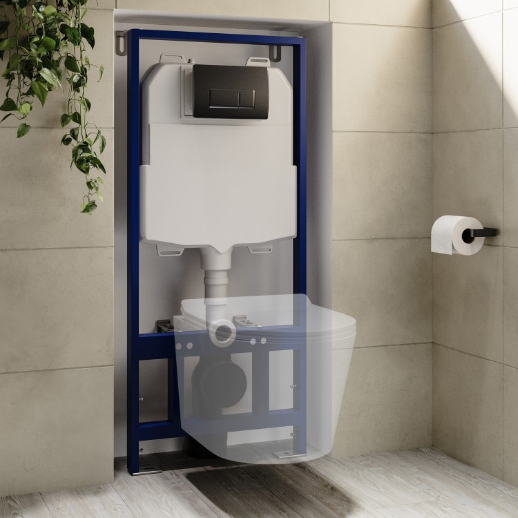 1168mm Wall Hung Toilet Frame with Gunmetal Pneumatic Dual Flush Plate & Concealed Cistern - Elira
