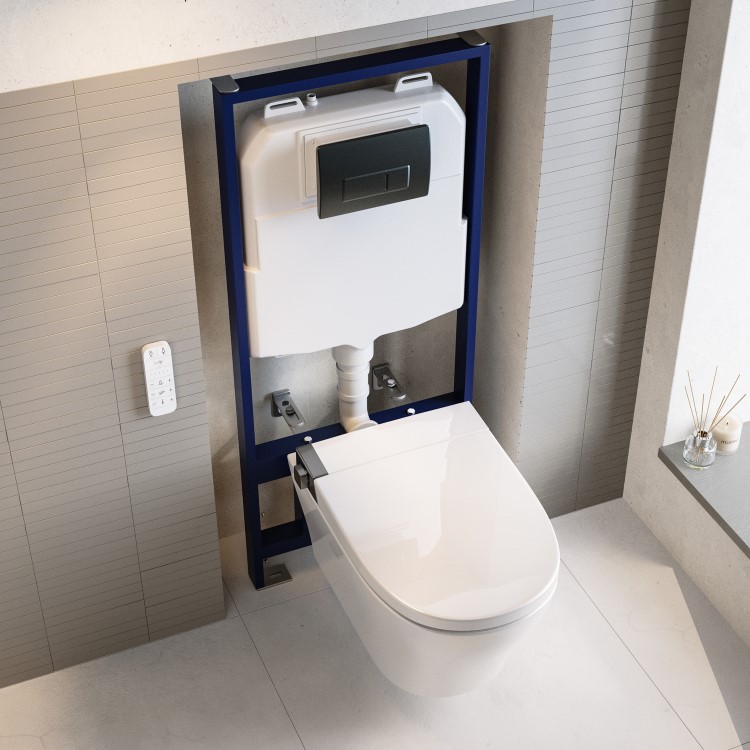 Wall Hung Smart Bidet Toilet with Heated Seat & Gunmtal Pneumatic Flush Plate, 1168mm Frame & Cistern - Purificare