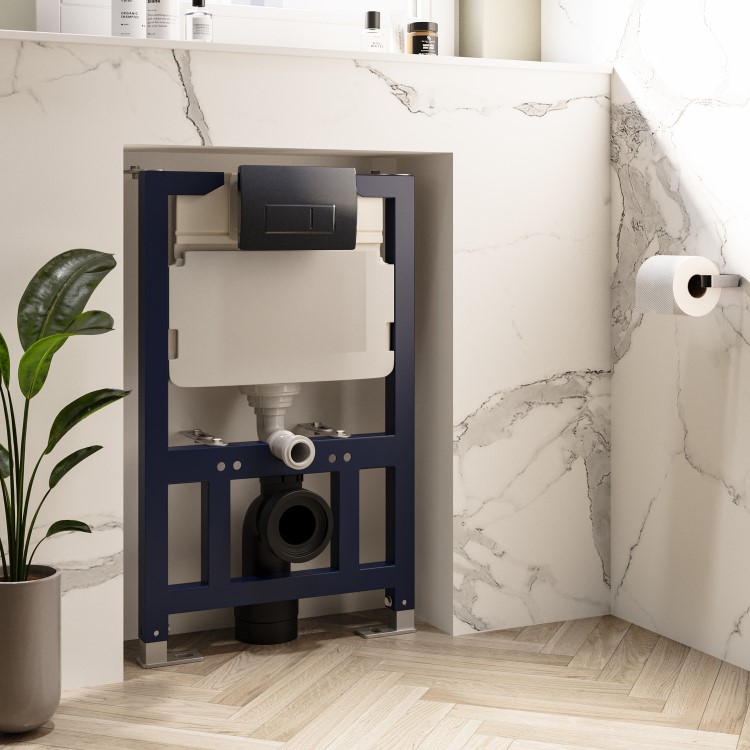 Wall Hung Toilet with Soft Close Seat, Gunmetal Flush Plate, 820mm Frame & Cistern - Albi