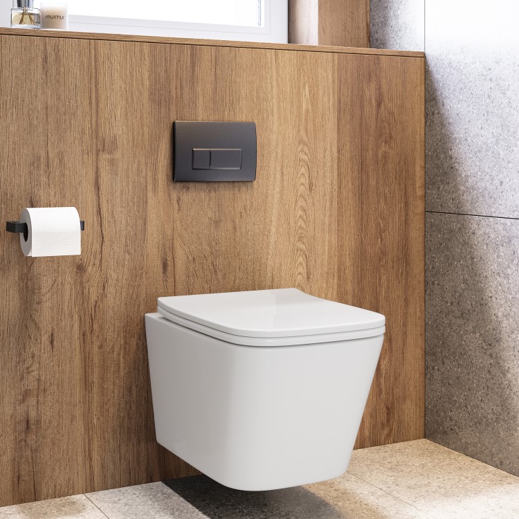 Wall Hung Toilet with Soft Close Seat, Gunmetal Flush Plate, 820mm Frame & Cistern - Albi