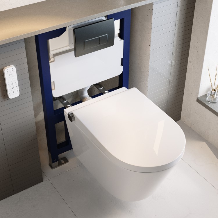 Wall Hung Smart Bidet Toilet with Gunmetal Flush Plate & 820mm Frame & Cistern - Purificare
