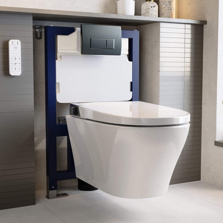 Wall Hung Smart Bidet Japanese Toilet with Heated Seat & Gunmtal Pneumatic Flush Plate, 820mm Frame & Cistern - Purificare