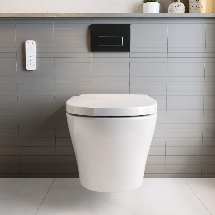 Wall Hung Smart Bidet Japanese Toilet with Heated Seat & Gunmtal Pneumatic Flush Plate, 820mm Frame & Cistern - Purificare