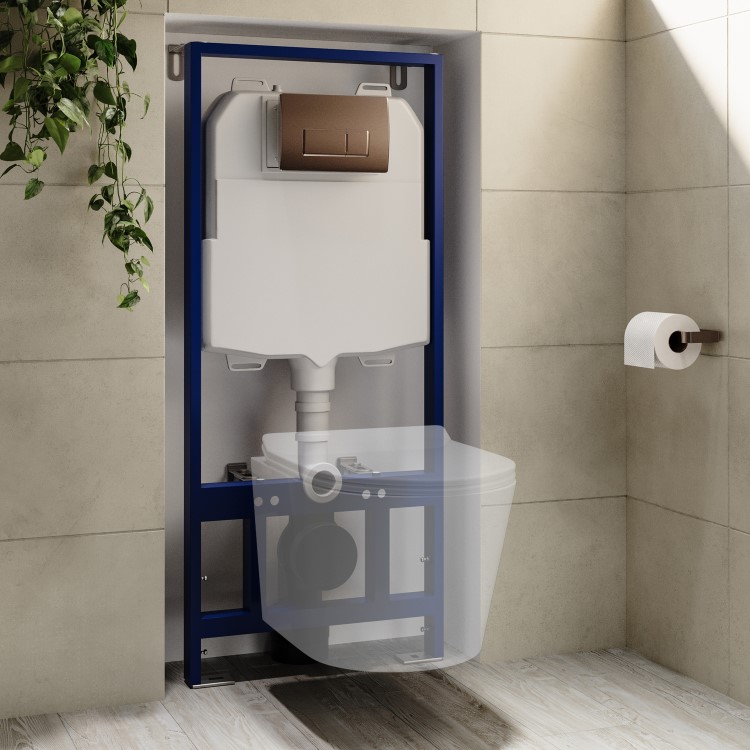 1160mm Wall Hung Toilet Frame with Brushed Bronze Pneumatiic Flush Plate & Concealed Cistern - Elira
