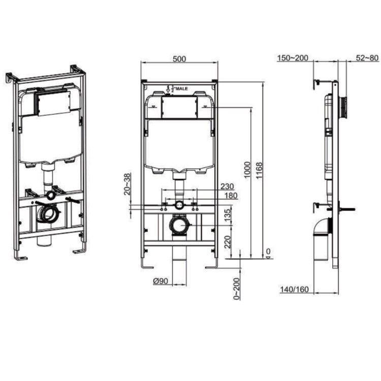 Wall Hung Toilet with Soft Close Toilet Seat, Brushed Bronze Flush Plate, 1168mm Frame & Cistern - Albi