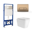 BUN/ELIVRGFP/97032 Wall Hung Toilet with Soft Close Toilet Seat, Brushed Bronze Flush Plate, 1168mm Frame & Cistern - Albi