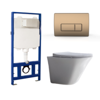 Wall Hung Toilet with Soft Close Toilet Seat, Brushed Bronze Pneumatic Flush Plate, 1168mm Frame & Cistern - Boston