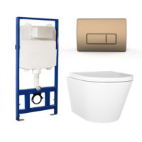 Wall Hung Toilet with Soft Close Toilet Seat, Brushed Bronze Pneumatic Flush Plate, 1168mm Frame & Cistern - Newport
