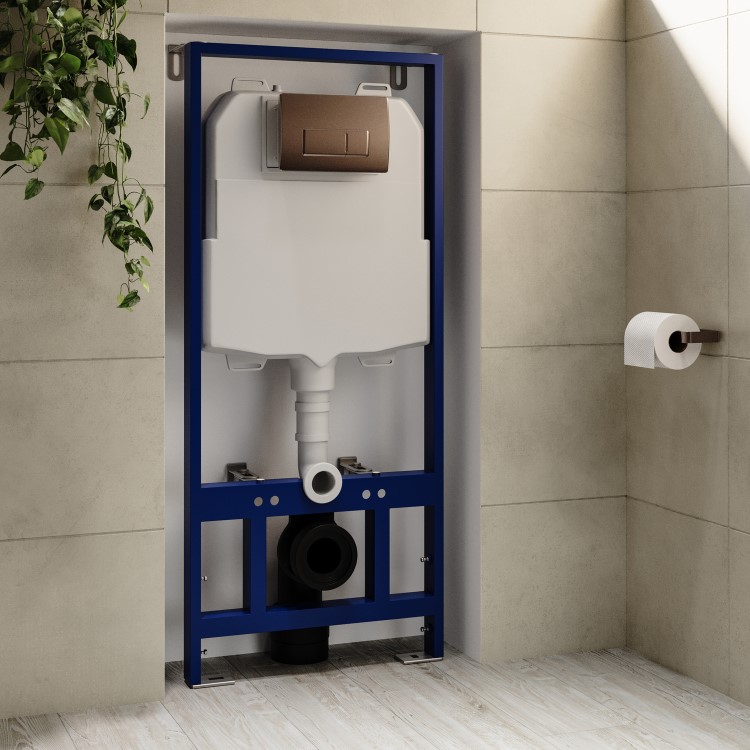 Matt White Wall Hung Toilet with Soft Close Toilet Seat, Brushed Bronze Pneumatic Flush Plate, 1168mm Frame & Cistern - Newport