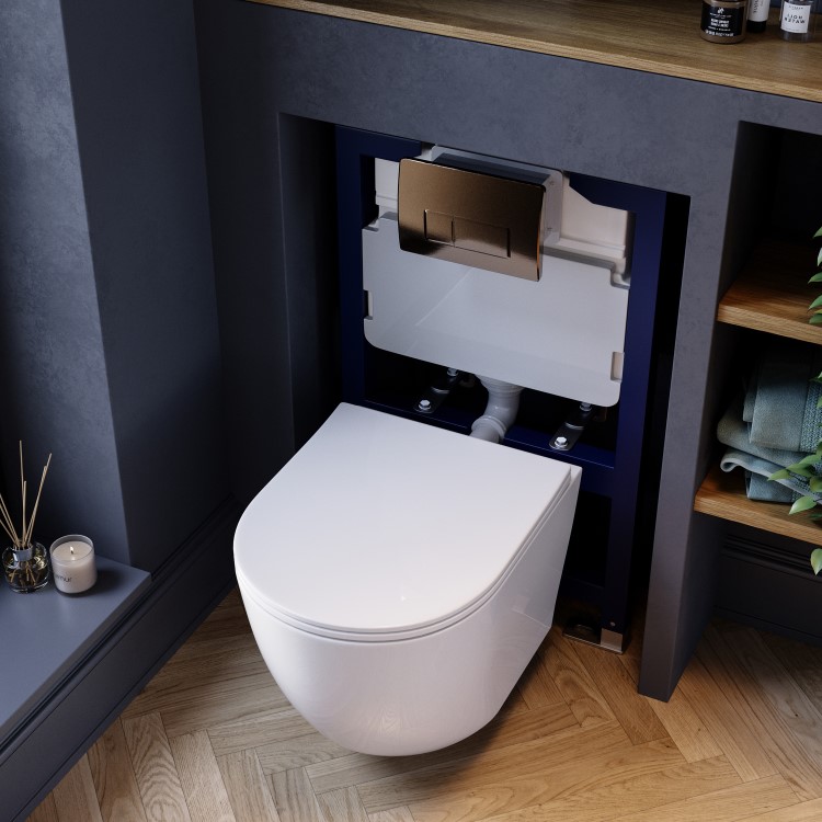 Wall Hung Toilet with Soft Close Seat, Brushed Bronze Pneumatic Flush Plate, 820mm Frame & Cistern - Roma