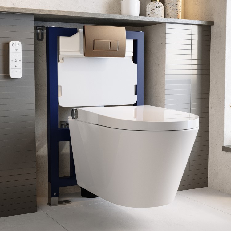 Wall Hung Smart Bidet Toilet with Brushed Bronze Flush Plate & 1168mm Frame & Cistern - Purificare