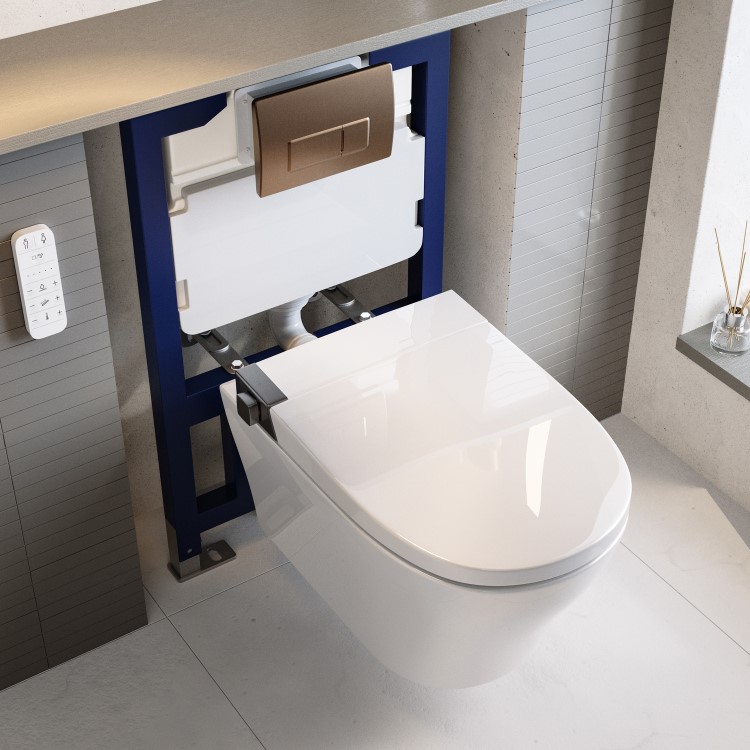 Wall Hung Smart Bidet Japanese Toilet with Heated Seat & Brushed Bronze Pneumatic Flush Plate, 820mm Frame & Cistern - Purificare