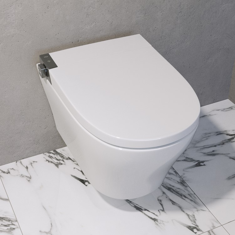 Wall Hung Smart Bidet Japanese Toilet with Heated Seat & Gunmtal Pneumatic Flush Plate, 820mm Frame & Cistern - Purificare
