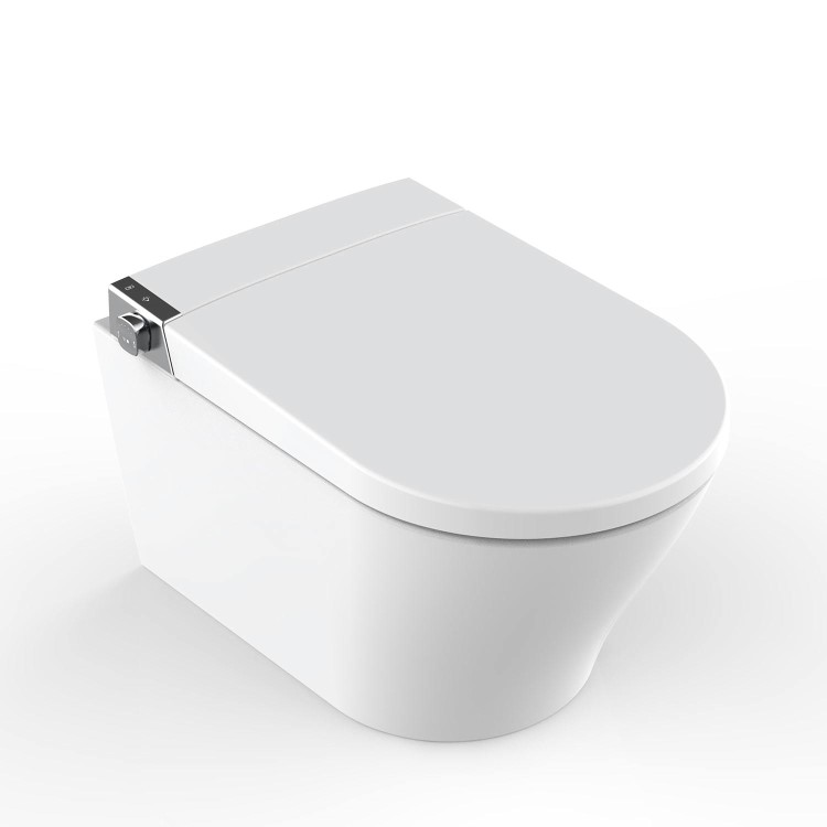 Wall Hung Smart Bidet Japanese Toilet with Heated Seat & Gunmtal Pneumatic Flush Plate, 820mm Frame & Cistern - Purificare