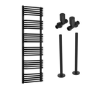 Black Curved Towel Radiator 1530 x 500mm with Pipe Kit and Straight Valves - Ember