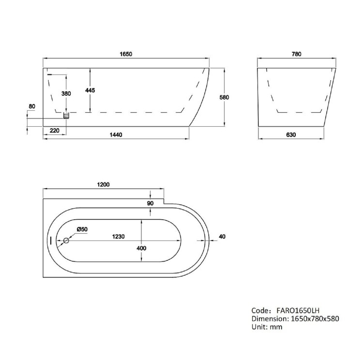 Freestanding Single Ended Left Hand Corner Bath 1650 x 780mm - Faro