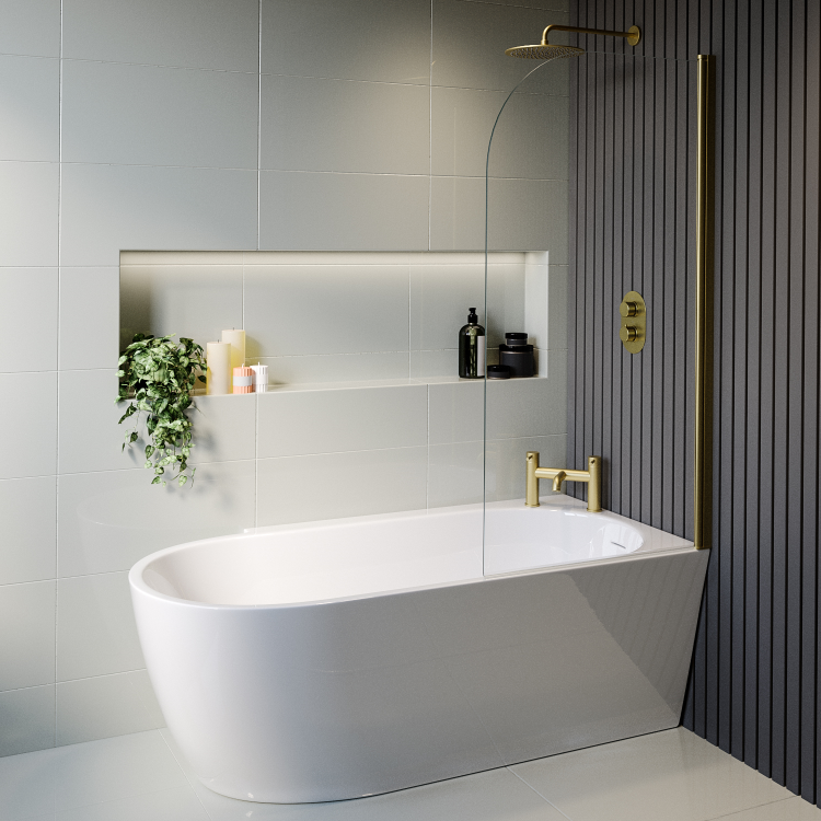 Freestanding Shower Bath Single Ended Right Hand Corner & Brushed Brass Screen 1650 x780 mm - Faro