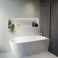 Freestanding Shower Bath Single Ended Right Hand Corner & Brushed Brass Screen 1650 x780 mm - Faro