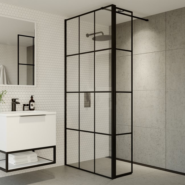 Black 1000mm Grid Wet Room Shower Screen with Wall Support Bar & Hinged Return Panel  - Nova