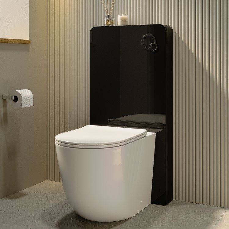 Back to Wall Toilet with Black Glass Cabinet, Cistern & Pneumatic Dual Flush Button - Roma