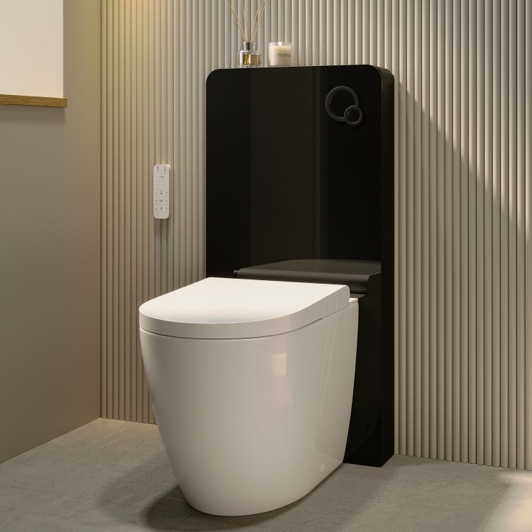 Back to Wall Smart Bidet Japanese Toilet with Black Glass Cabinet, Cistern & Pneumatic Dual Flush Button - Purificare