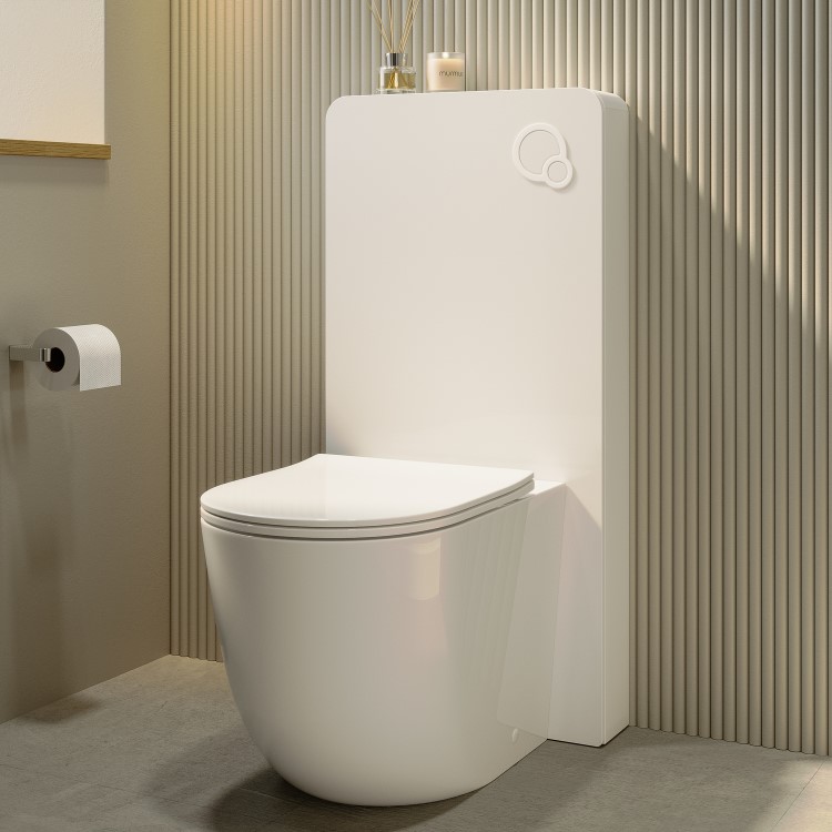 Back to Wall Toilet with White Glass Cabinet, Cistern & Pneumatic Dual Flush Button - Roma