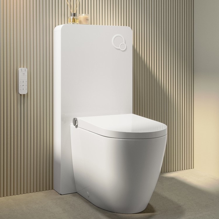 Back to Wall Smart Bidet Japanese Toilet with White Glass Cabinet, Cistern & Pneumatic Dual Flush Button - Purificare