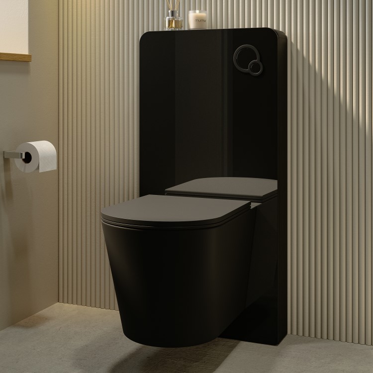 Black Wall Hung Toilet with Black Glass Cabinet, Cistern & Pneumatic Dual Flush Button - Albi