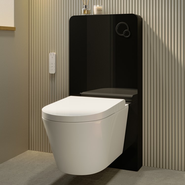 Wall Hung Smart Bidet Japanese Toilet with Black Glass Cabinet, Frame, Cistern & Pneumatic Dual Flush Button - Purificare