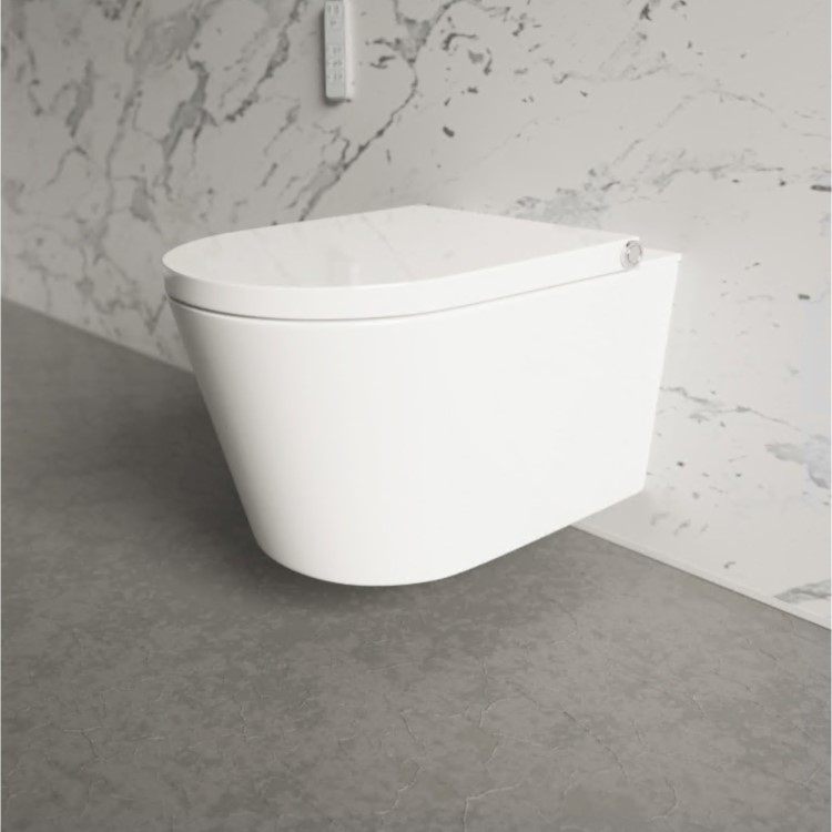 Wall Hung Smart Bidet Japanese Toilet with Black Glass Cabinet, Frame, Cistern & Pneumatic Dual Flush Button - Purificare