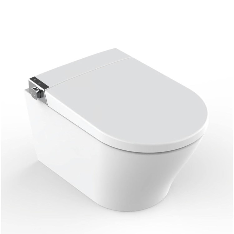Wall Hung Smart Bidet Japanese Toilet with Heated Seat, White Glass Cabinet, Frame, Cistern & Pneumatic Dual Flush Button - Purificare