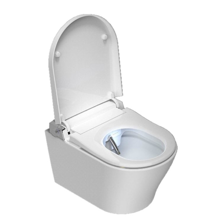 Wall Hung Smart Bidet Japanese Toilet with Heated Seat, White Glass Cabinet, Frame, Cistern & Pneumatic Dual Flush Button - Purificare