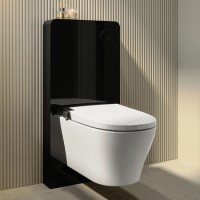Wall Hung Smart Bidet Japanese Toilet with Heated Seat, Black Glass Cabinet, Frame, Cistern & Pneumatic Dual Flush Button - Purificare
