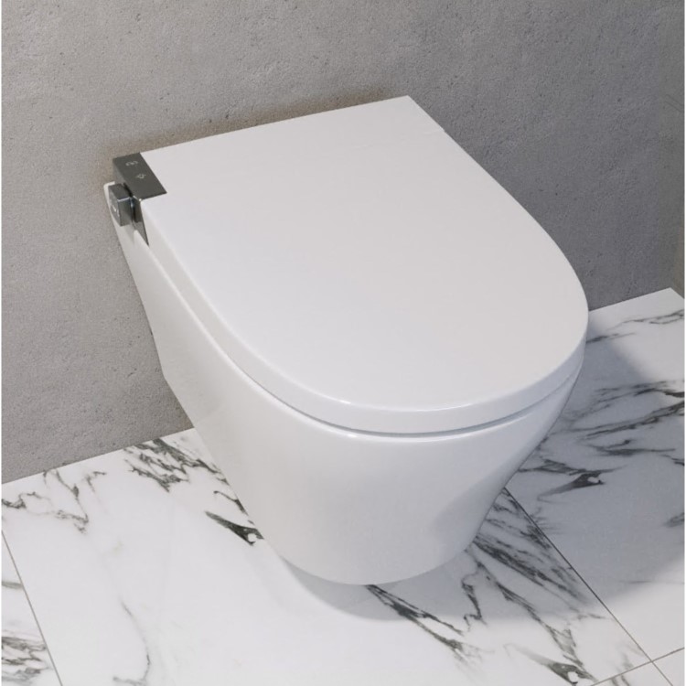 Wall Hung Smart Bidet Japanese Toilet with Heated Seat, White Glass Cabinet, Frame, Cistern & Pneumatic Dual Flush Button - Purificare