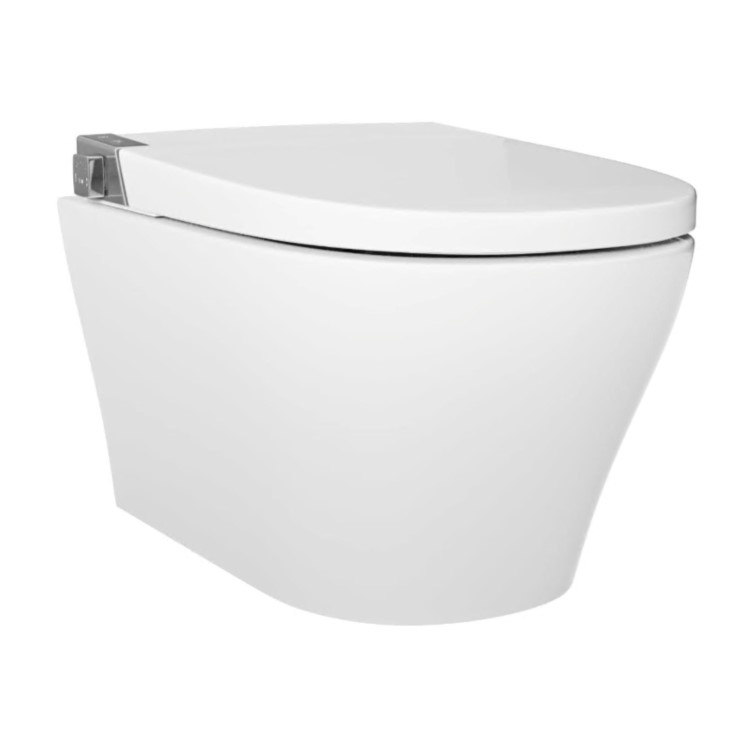 Wall Hung Smart Bidet Japanese Toilet with Heated Seat, White Glass Cabinet, Frame, Cistern & Pneumatic Dual Flush Button - Purificare