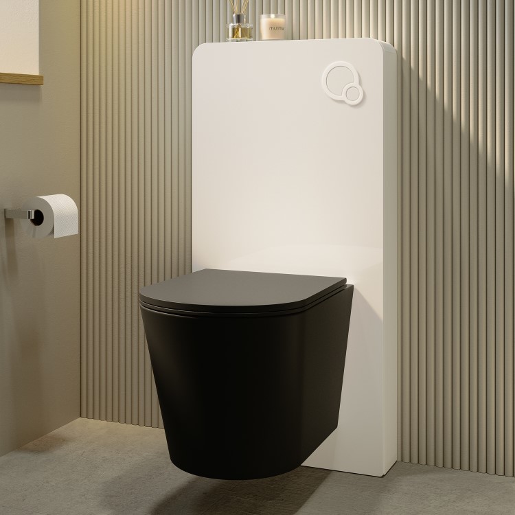 Black Wall Hung Toilet with White Glass Cabinet, Cistern & Pneumatic Dual Flush Button - Albi