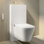 Wall Hung Smart Bidet Japanese Toilet with White Glass Cabinet, Frame, Cistern & Pneumatic Dual Flush Button - Purificare