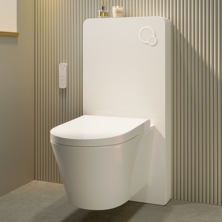 Wall Hung Smart Bidet Japanese Toilet with White Glass Cabinet, Frame, Cistern & Pneumatic Dual Flush Button - Purificare